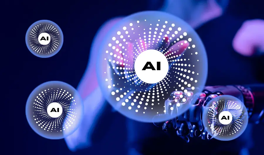 An image of a lady with a robot arm and four floating bubbles with spiral light effects and an AI dotted center. Image is intended to illustrate generative AI.